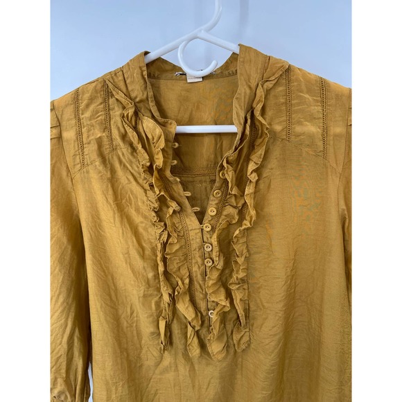 twentyone 100% silk mustard yellow boho ruffle blouse tunic size M? - Picture 4 of 6